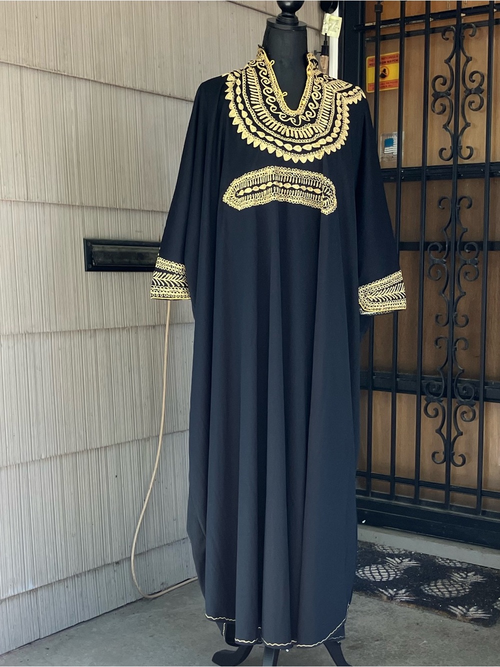 Vintage Black Moroccan Gandoura Kaftan with Gold Embroidery Kaftan Resortwear
